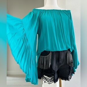 Romantic Bohemian Turquoise Off Shoulder Flounce Sleeve Blouse Womens One Size
